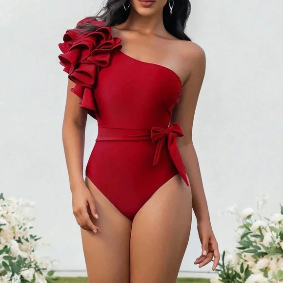 Red Elegant Women's Summer Beach One-Piece Swimsuit With Dramatic Ruffle Trim - Picture 7 of 7